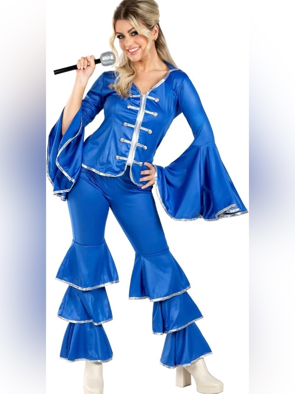 Women's Blue Retro Dance Jumpsuit with Silver Trim